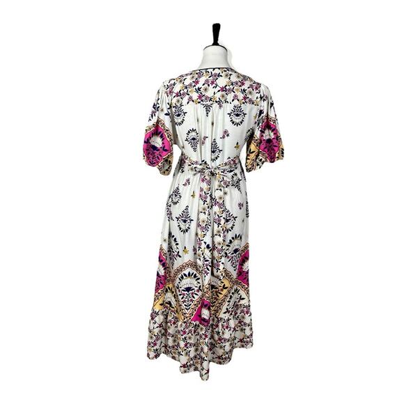 Fig + Flower New Midi Dress V-neck Puff Sleeve Cream Multi Women’s Size Small - Picture 4 of 13